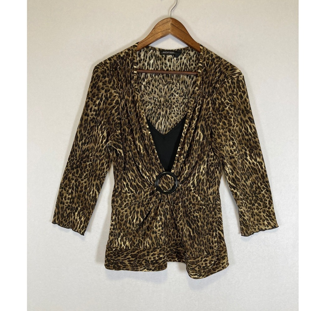 Mob Wife Notations Womens XL Brown Leopard Print O-Ring Plisse‎ 3/4 Sleeve Top